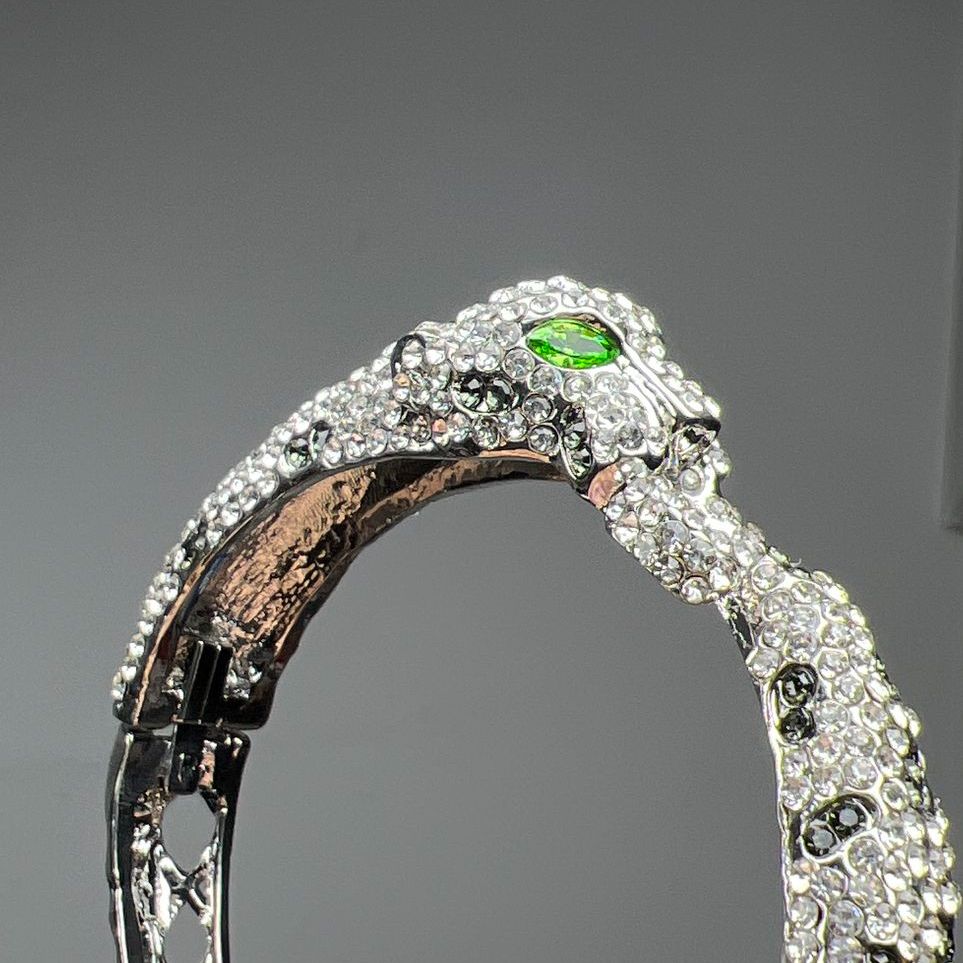 Grey/White Crystal Green Glass Big Cat Leopard Bracelet NIB