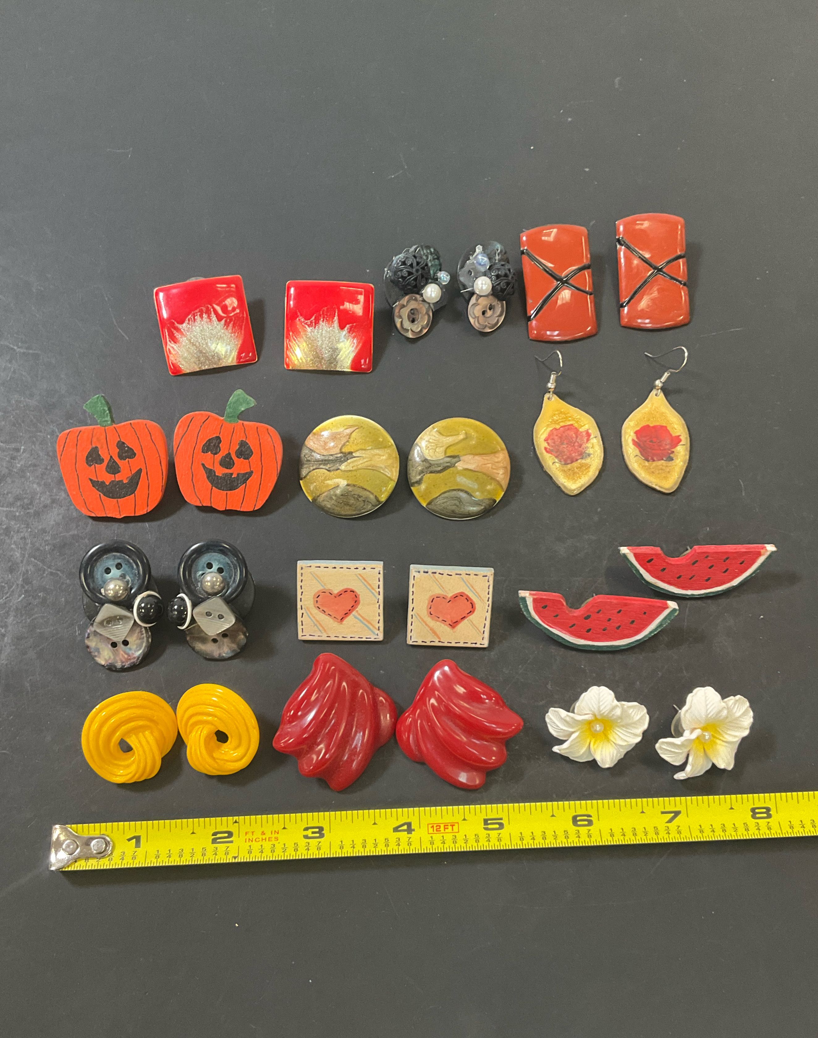 Lot of Vintage Fashion Earrings Figural Novelty Pierced 12 Pair Plastic Enameled