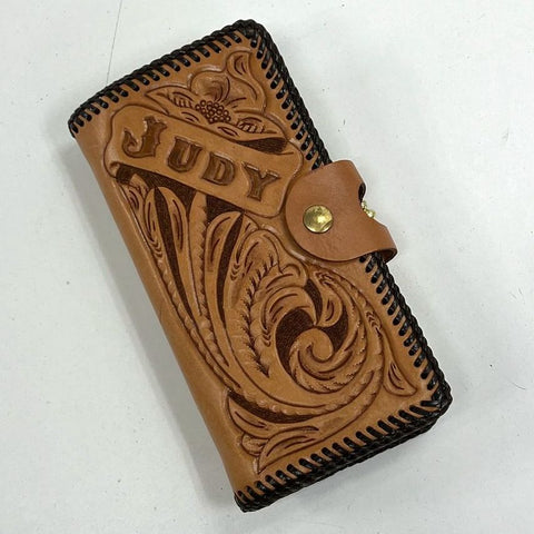 Vintage 70s Hand Tooled Leather Floral Wallet Clutch Kiss Lock Personalized Judy