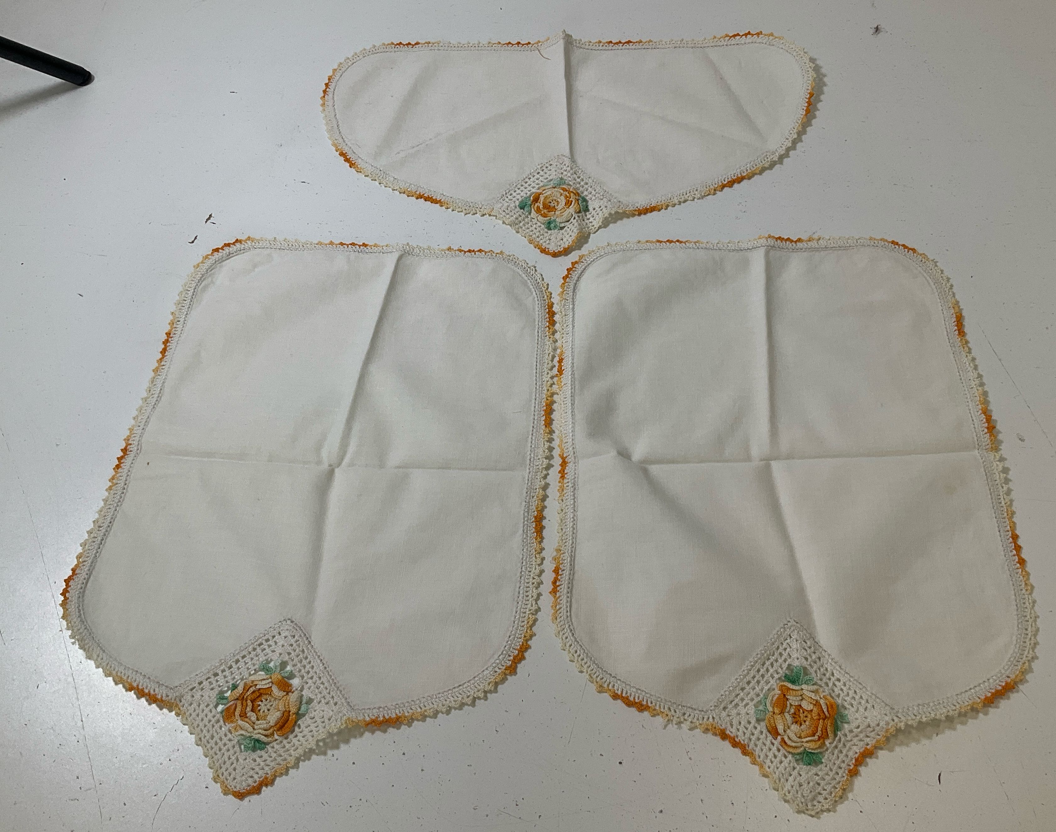 Vintage White Antimacassar & Runner Set Hand Crocheted Orange Rose Trim 4 Pieces