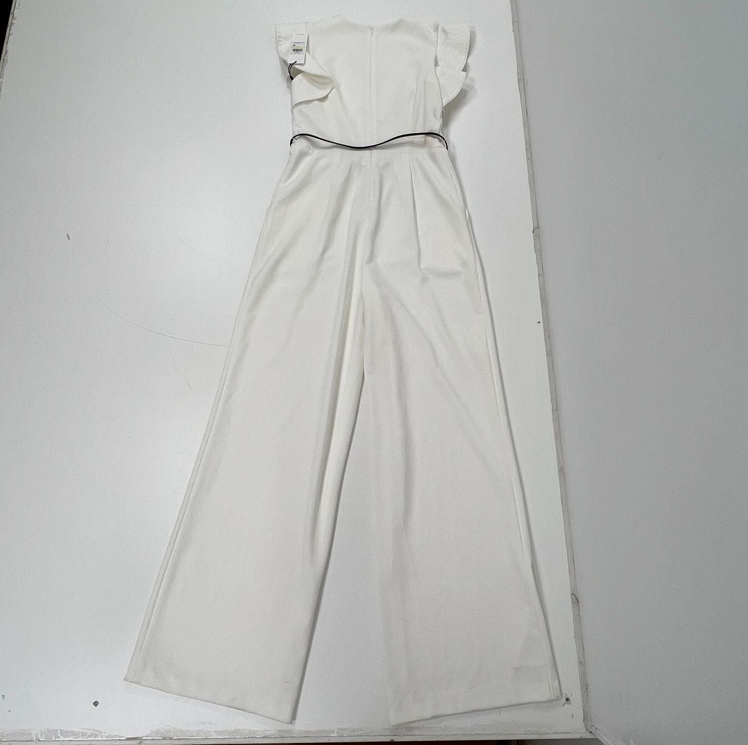 Calvin Klein White Ruffle Neck Sleeveless Belted Jumpsuit Womens 4 NWT