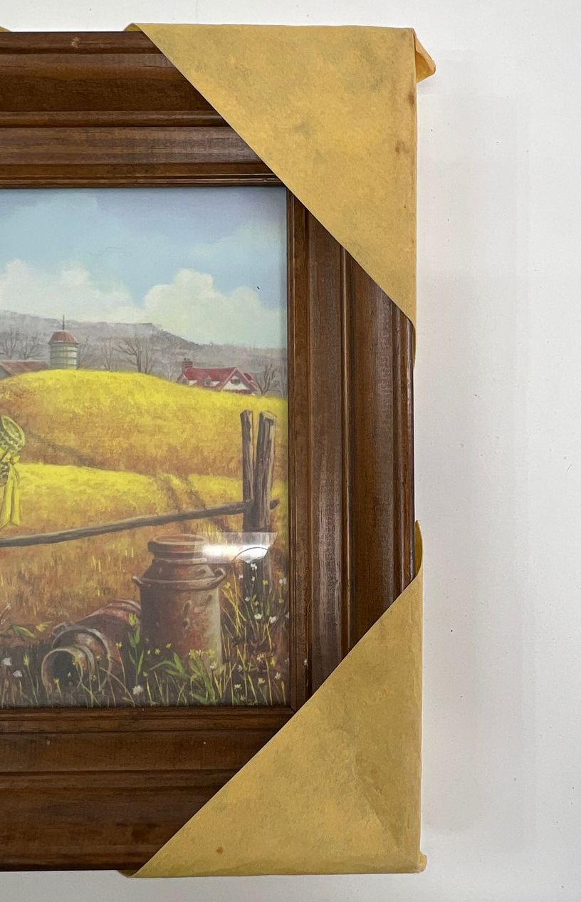 Vintage Wooden Framed Dairy Farm Fence Scene Print Unsigned Wrapped