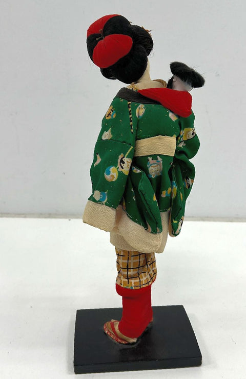 Vintage Mid-Century Japanese Geisha Doll Figure Gofun Face Kimono Wood Base