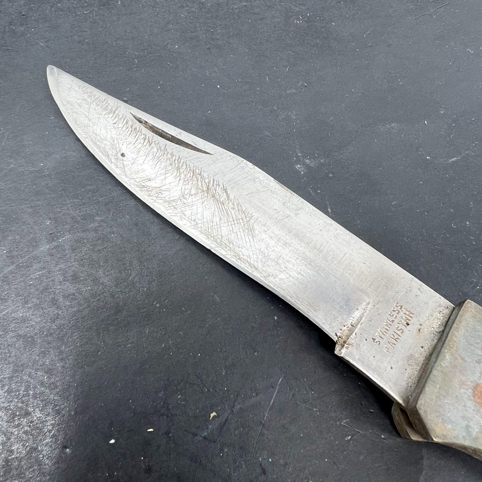 Vintage Pakistan Buck Pocket Knife Stainless With Leather Sheath