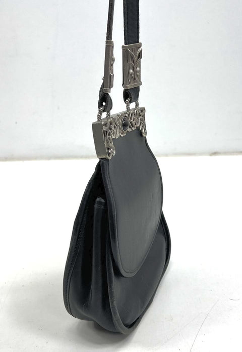 Vintage 90s Comint USA Black Leather Crossbody Saddle Bag Ornate Silver Hardware