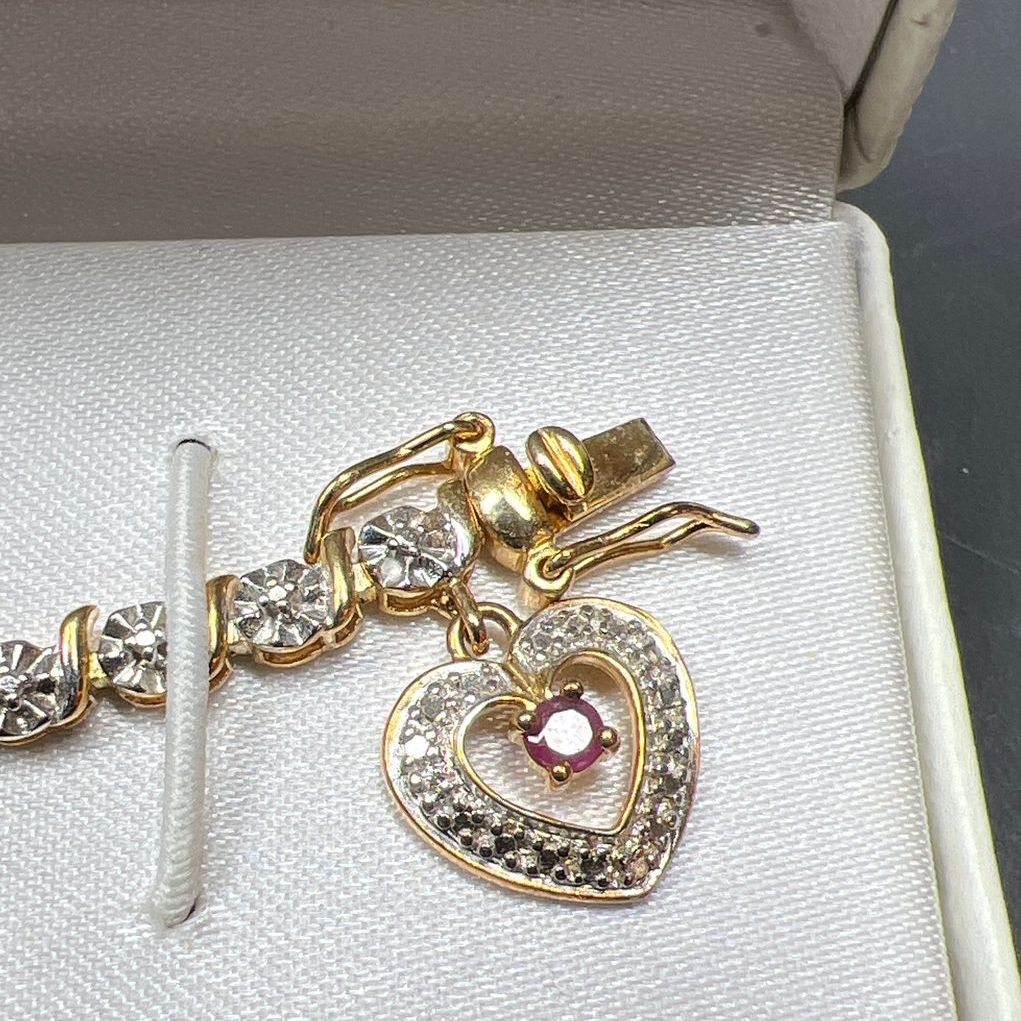 18K Over Sterling Silver Genuine Ruby Diamond Accent Tennis Bracelet NIB