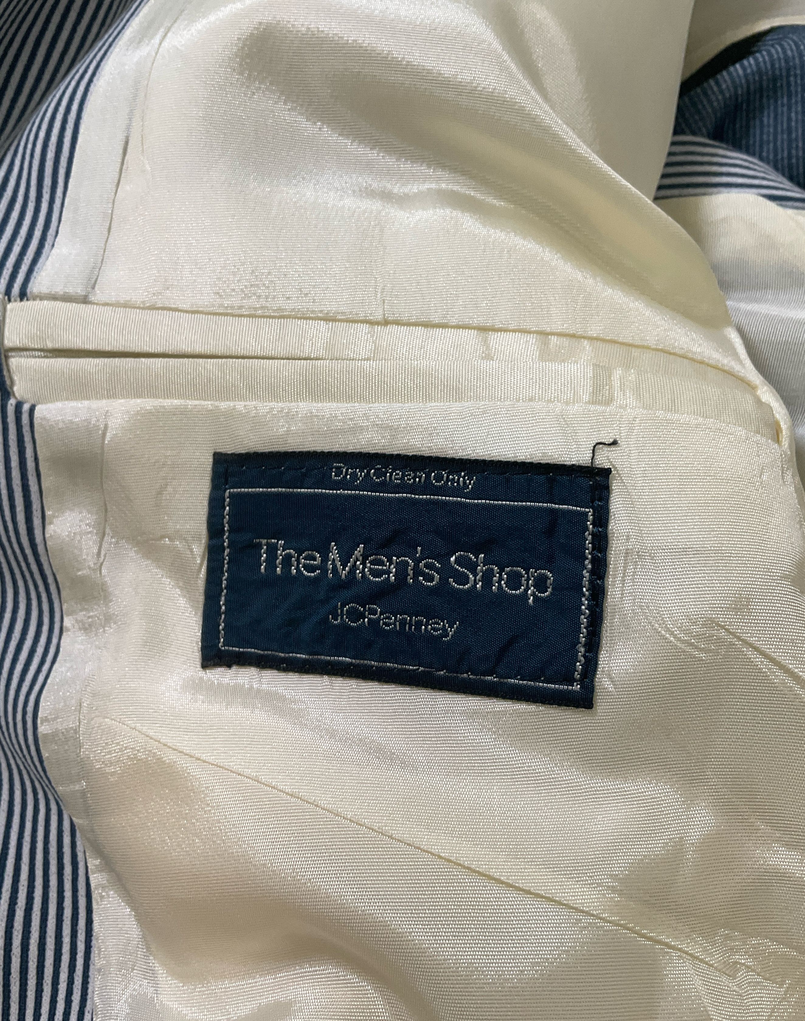JC Penney Men's Blue & White Stripe 3 Piece Polyester Suit Size XL Vintage 70s