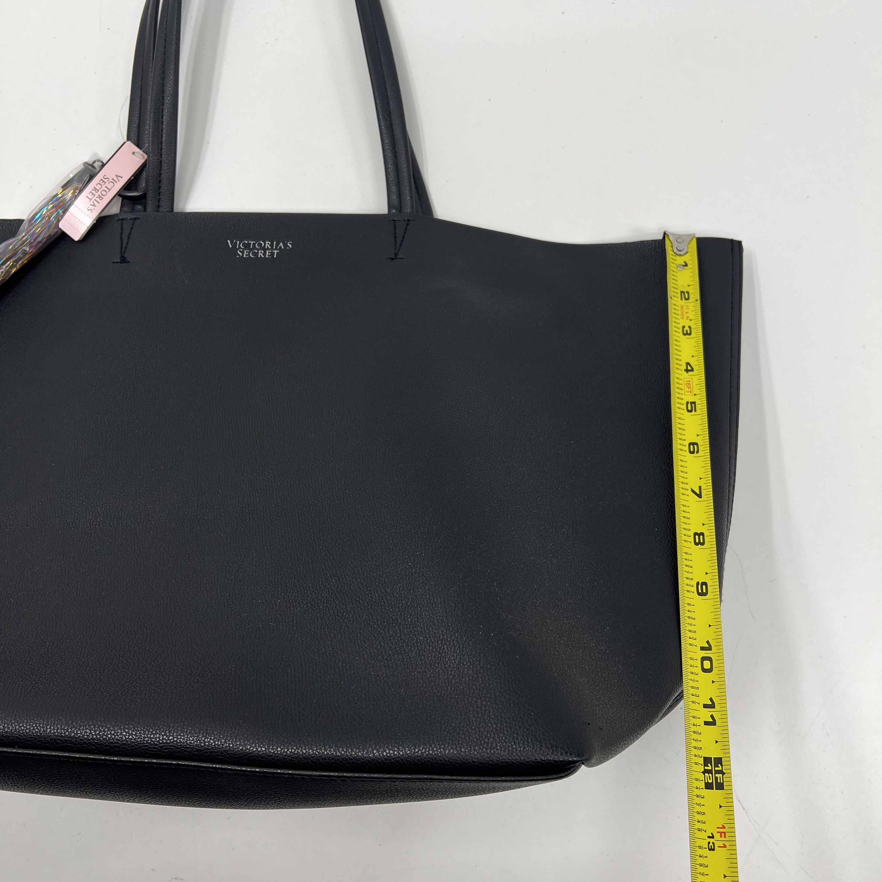 NWT Victoria Secret Large Tote Black Faux Leather Tinsel Tassel $99