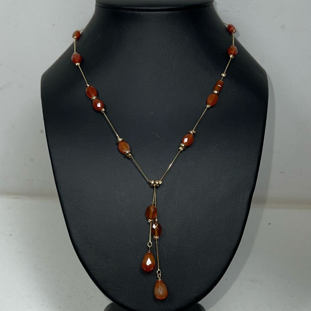 14K Yellow Gold Orange Beaded Y Drop Necklace 7.55g