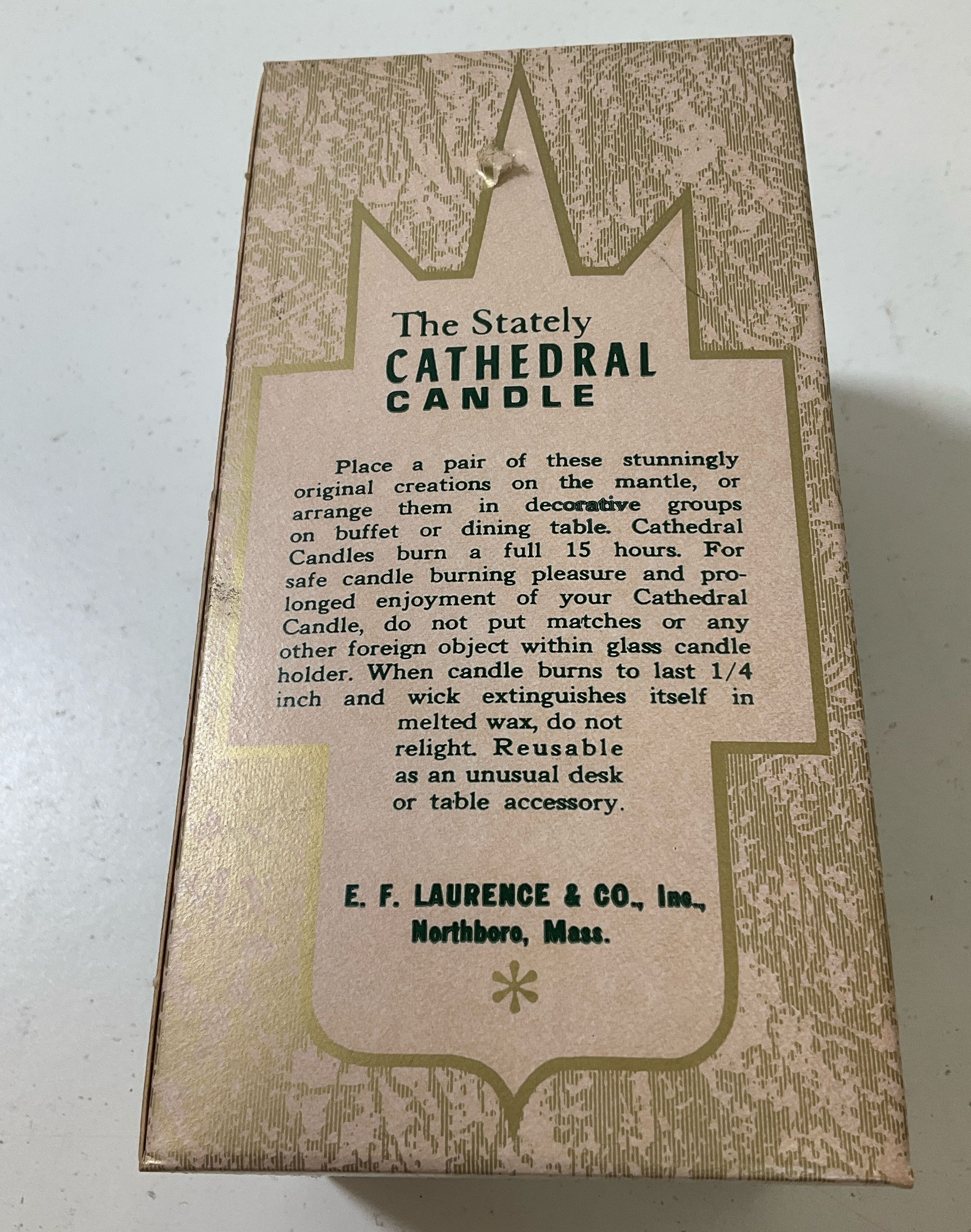 Vintage Green Flocked Cathedral Candle Christmas Decor EF Laurence Co Unused IOB