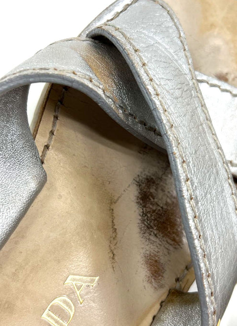 Prada Metallic Silver Leather Criss Cross Platform Slide Sandals Size 37