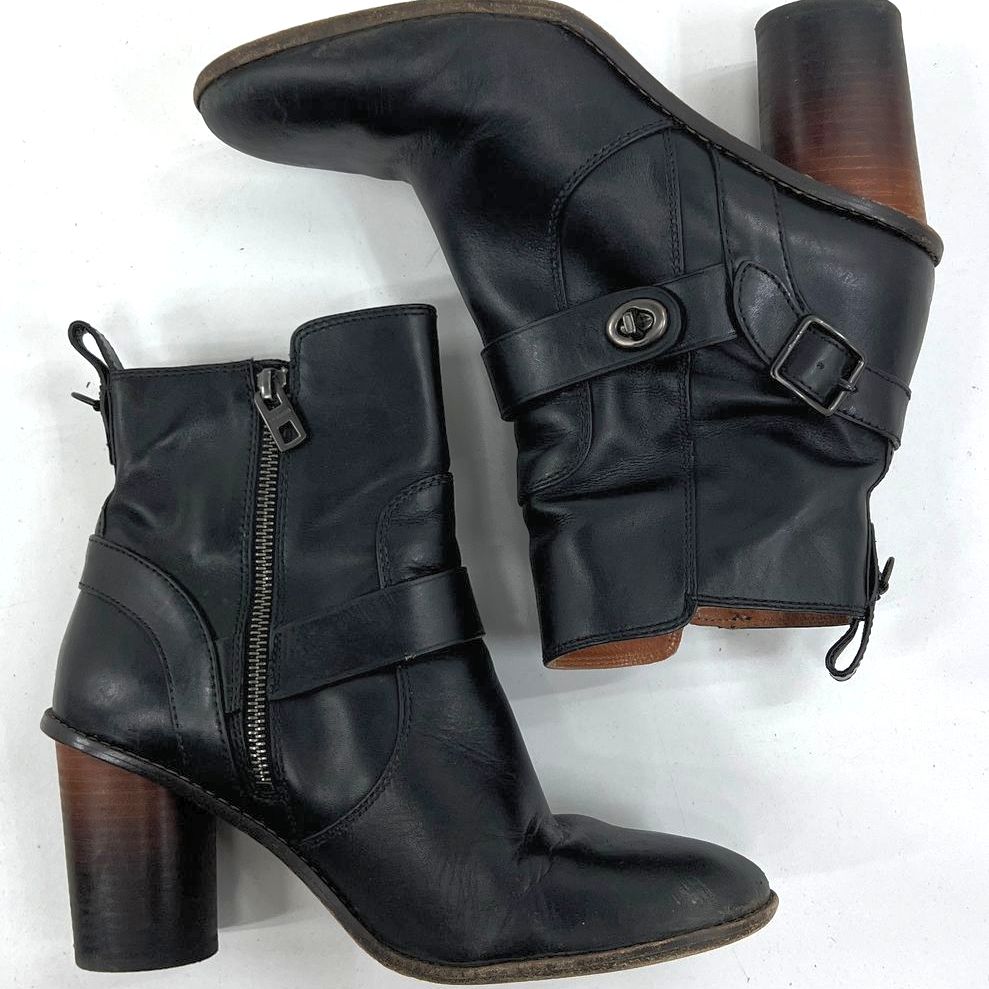 Coach Black Leather Side Zip Casual Block Heel Boots Women's Size 10