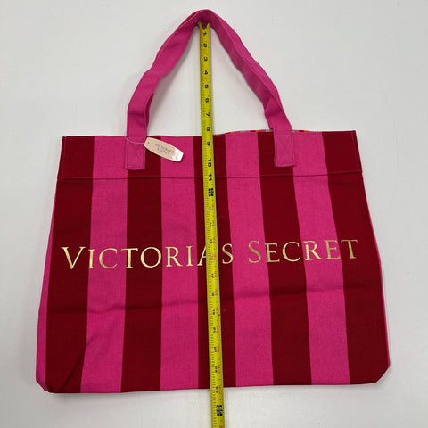 NWT Victoria's Secret Pink Red Striped Canvas Tote Bag Gold Logo