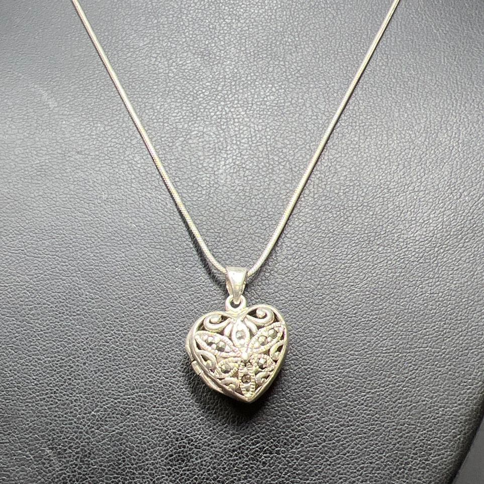 Sterling Silver Filigree Marcasite Heart Locket Necklace 8.49g