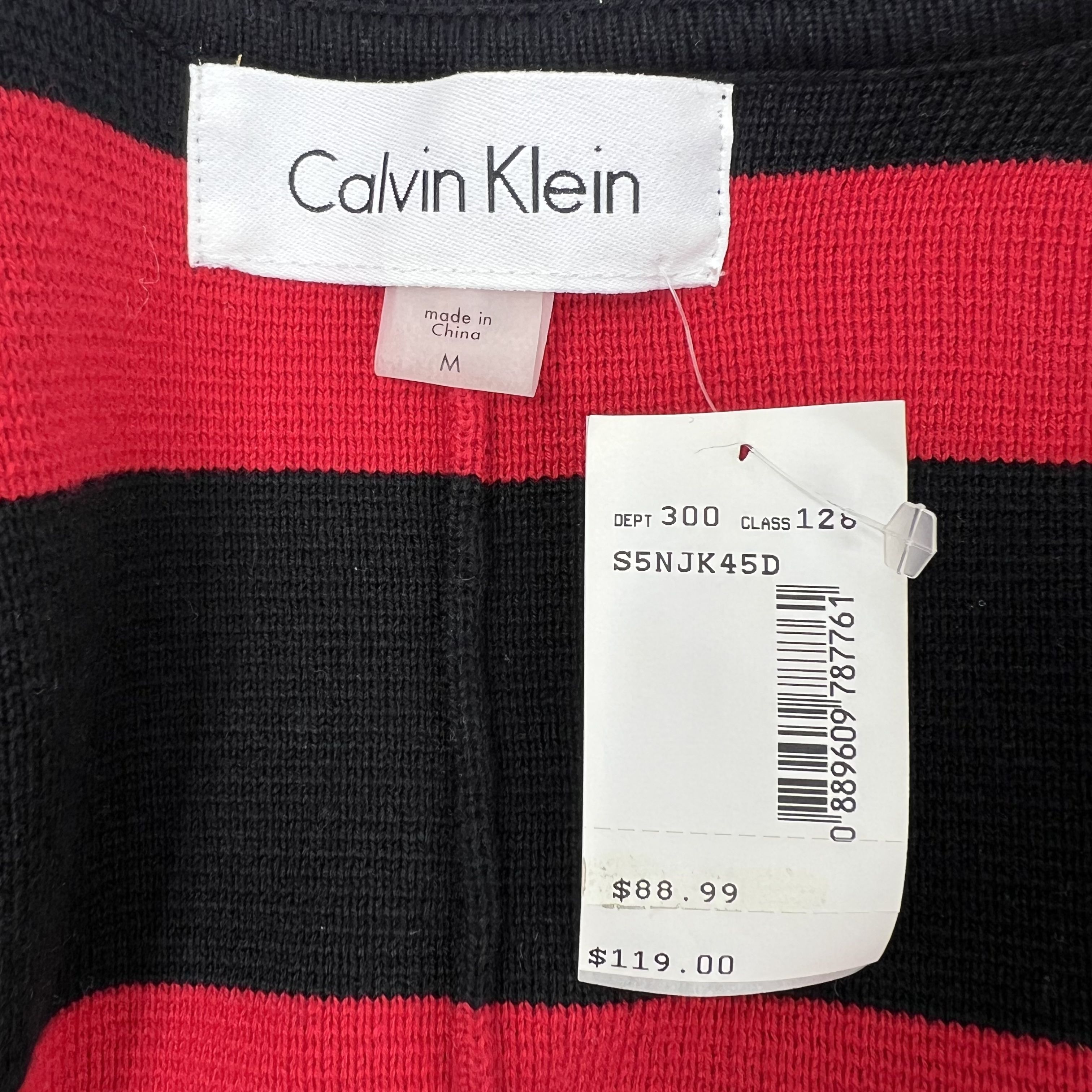 NWT Calvin Klein Red Black Tan Striped Knit Cardigan Blazer Medium $119