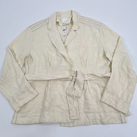 Anthropologie Ivory Belted Linen Blend Contrast Stitch Jacket Blazer Women's M