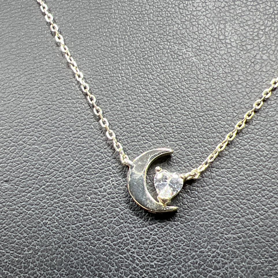 925 Sterling Silver Moon and Heart Rhinestone Charm Necklace