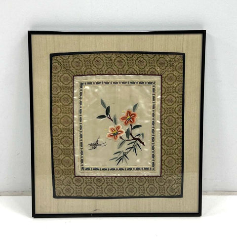 Vintage Framed Asian Silk Embroidery Floral Butterfly Art Wall Decor
