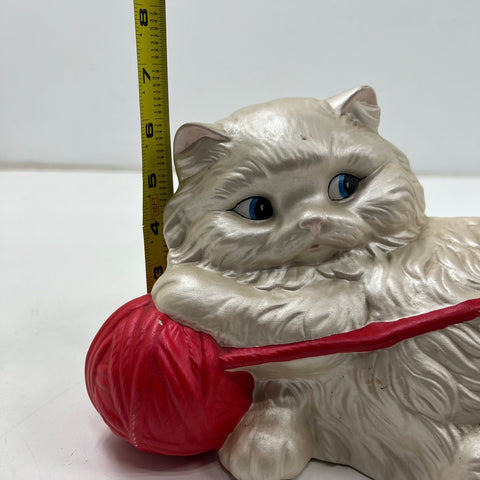 Vintage Ceramic Persian Cat Figurine Playing w/ Red Yarn Pearlescent Finish