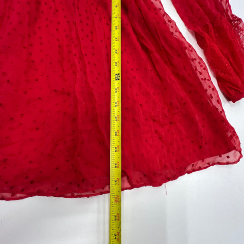 Free People Daliah Red Swiss Dot Lace Ruffle Long Sleeve Mini Dress Women's