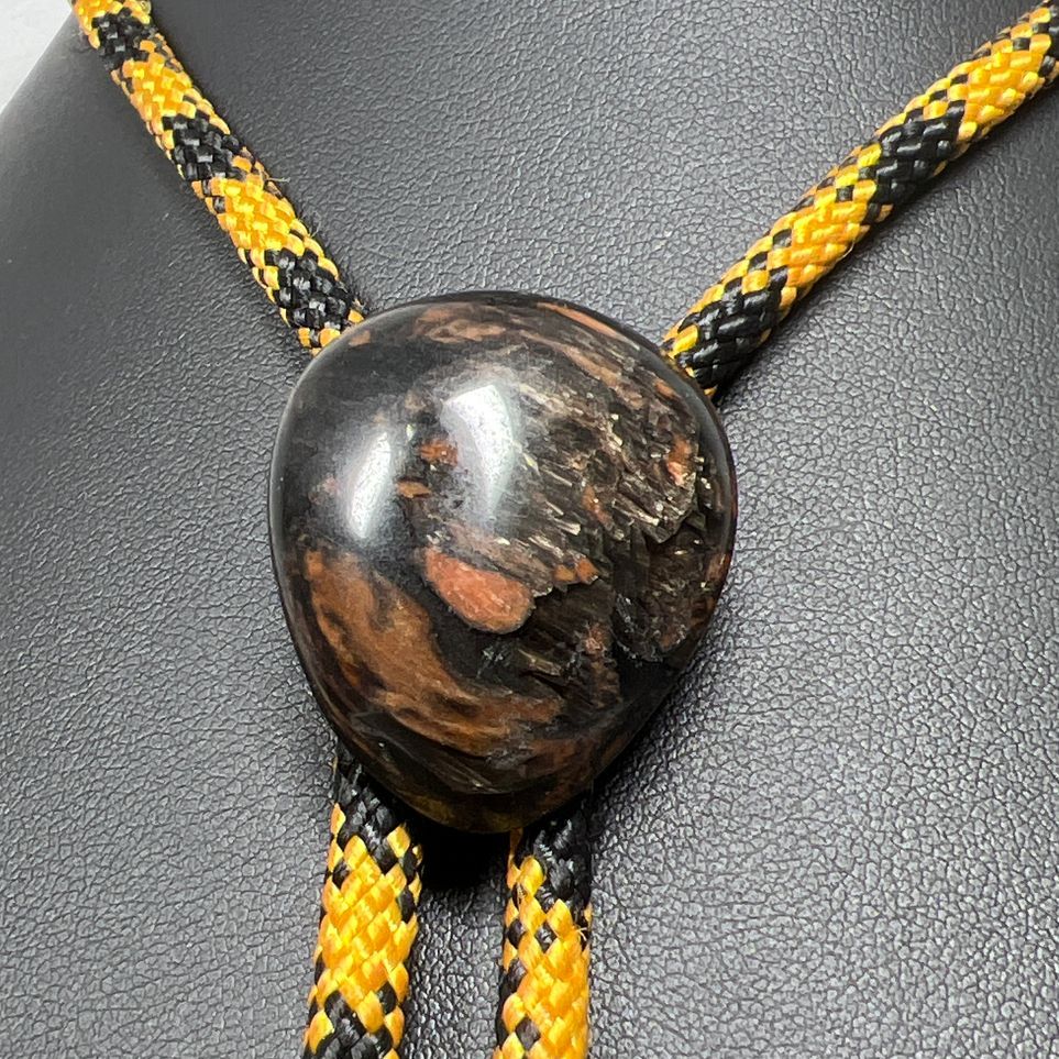 Brown Black Shimmering Labradorite Stone Orange Black Cord Bolo Tie