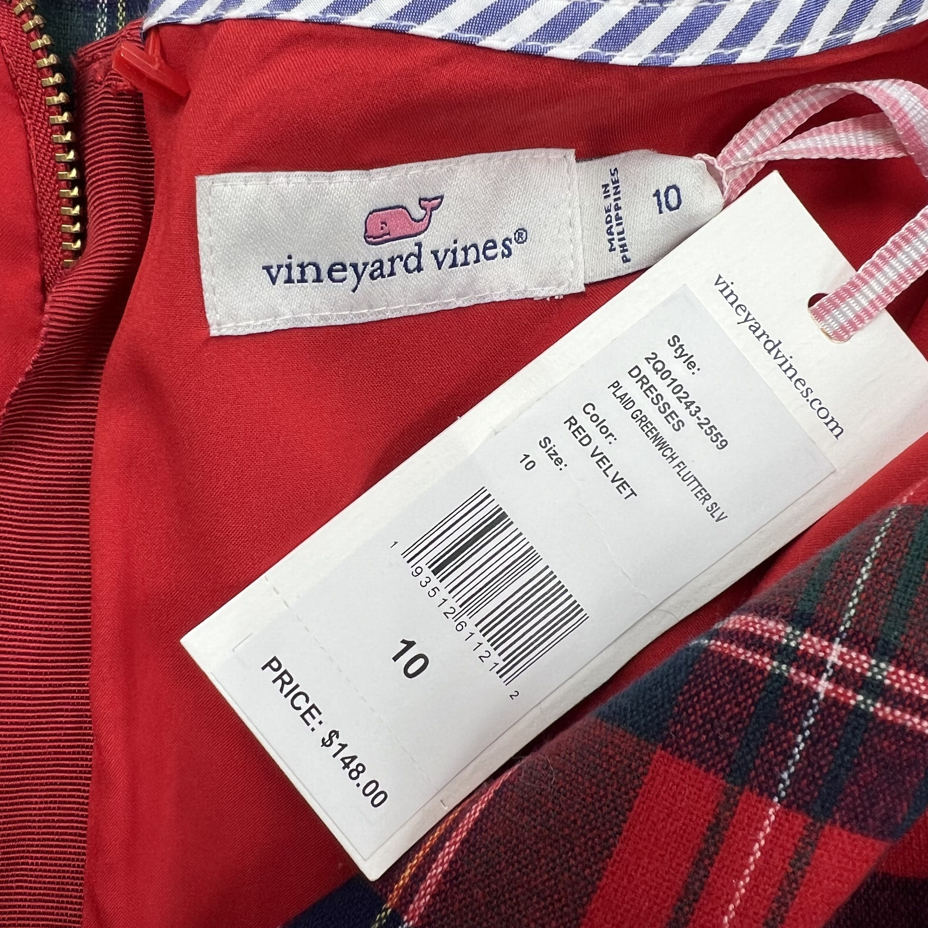 Vineyard Vines Red Plaid Greenwich Flutter Sleeve Dress Women's 10 NWT