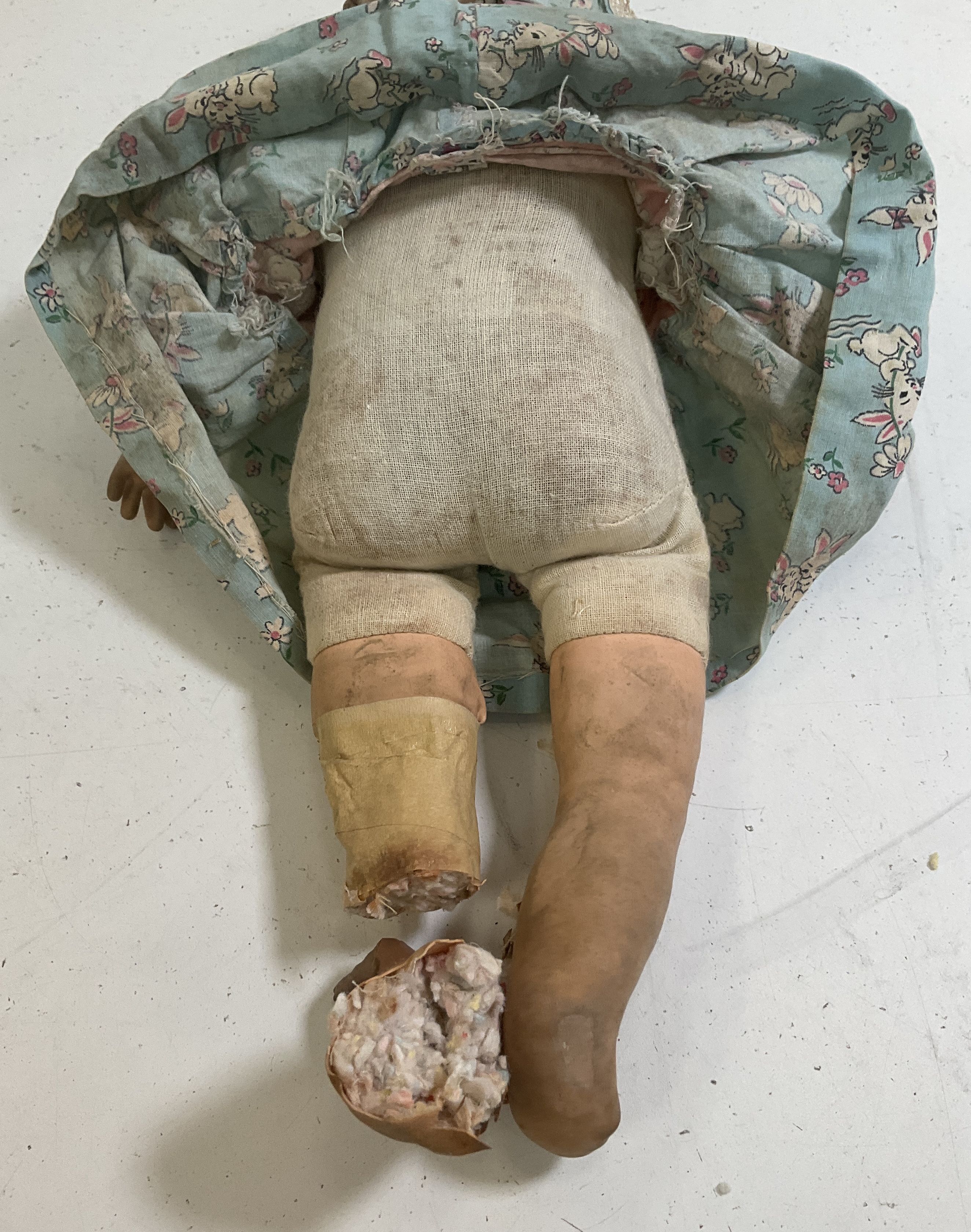 Vintage Pink Blue Dress Cloth Stuffed Baby Doll Damaged Fair Poor Condition 16"