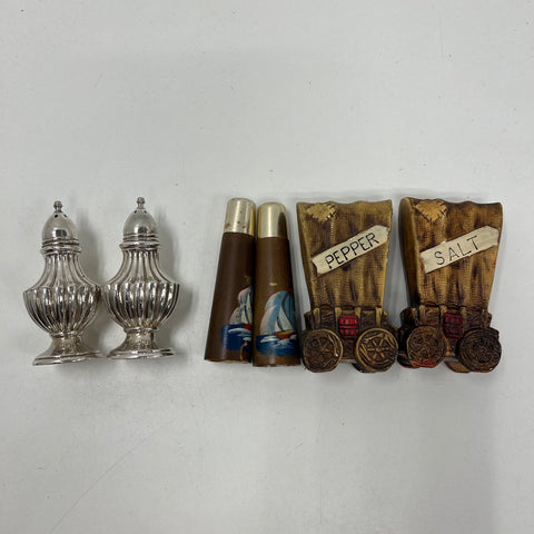 Vintage Salt & Pepper Shaker Lot Silver Plate Wood Ceramic 5 Sets NOS Boxed