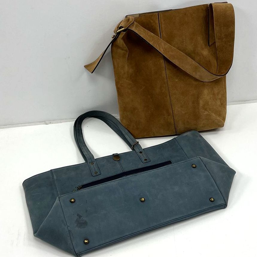 Women's Genuine Leather Brown Buckle Bucket Bag & Blue Shoulder Tot Purse Lot