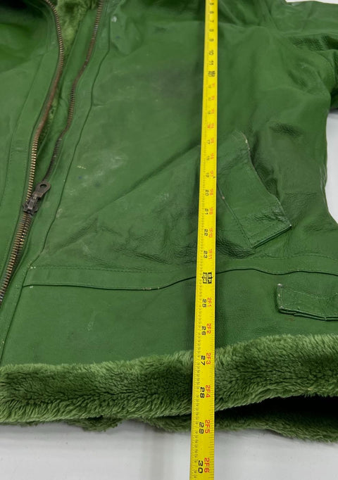 Vintage 90s Tanners Avenue Green Leather Faux Fur Lined Hooded Jacket Sz L