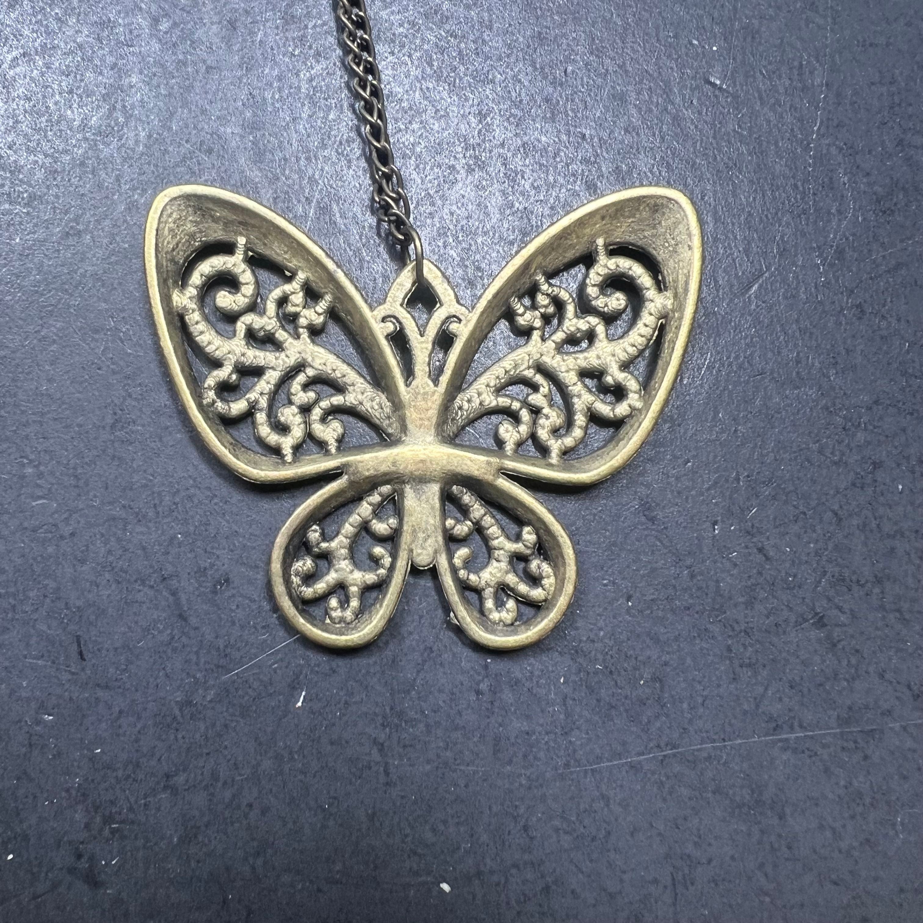 Vintage Filigree Butterfly Pendant Necklace 1960s Gold Tone
