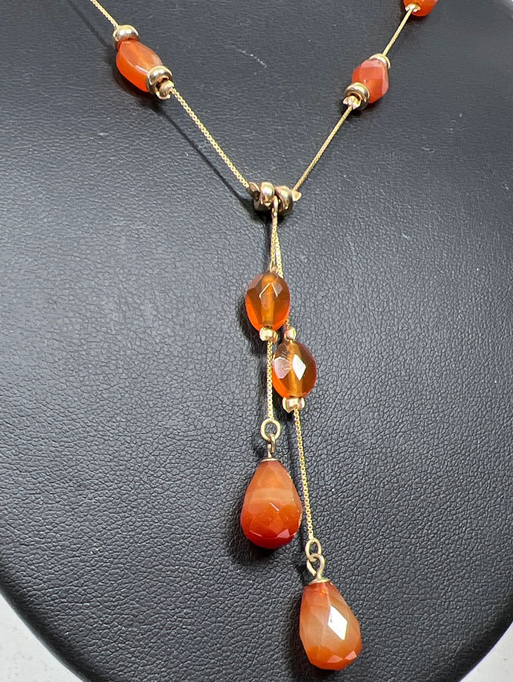 14K Yellow Gold Orange Beaded Y Drop Necklace 7.55g