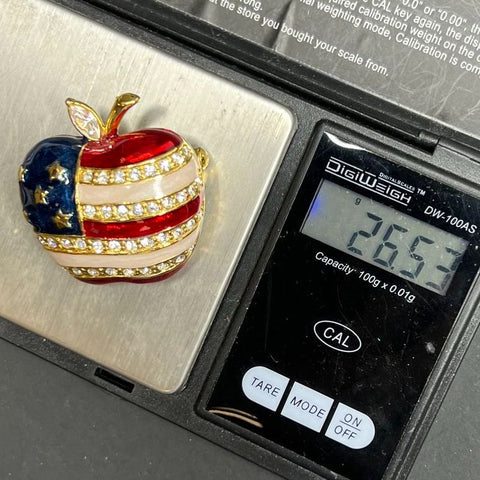 GE W Lind Patriotic Apple Red White Blue Rhinestone Brooch