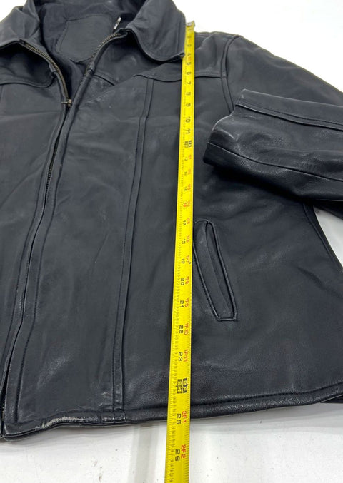 Vintage 70s Black Leather Zip Up Moto Car Coat Jacket Men's L