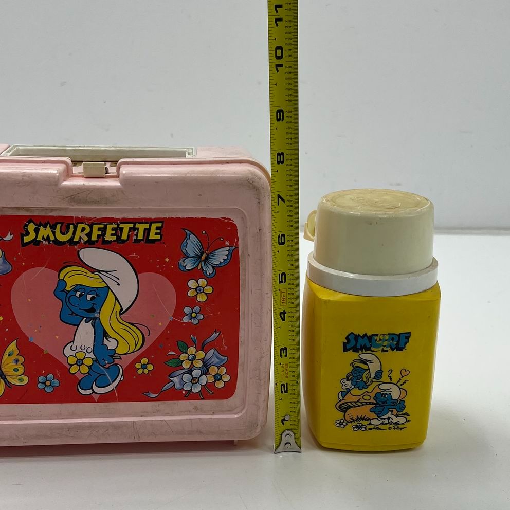 Vintage 80s Thermos Smurfette Pink Plastic Lunchbox with Yellow Smurf Thermos