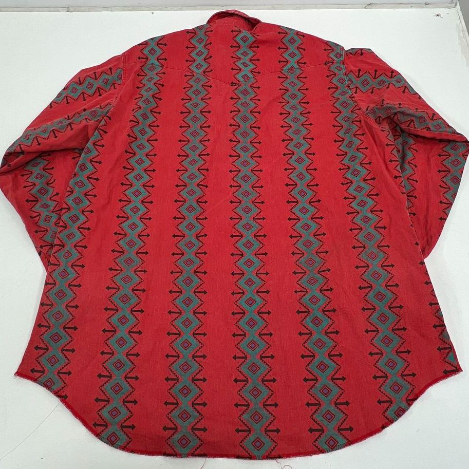 Vintage Wrangler Brushpopper Western Shirt Red Aztec Southwestern Print Cotton
