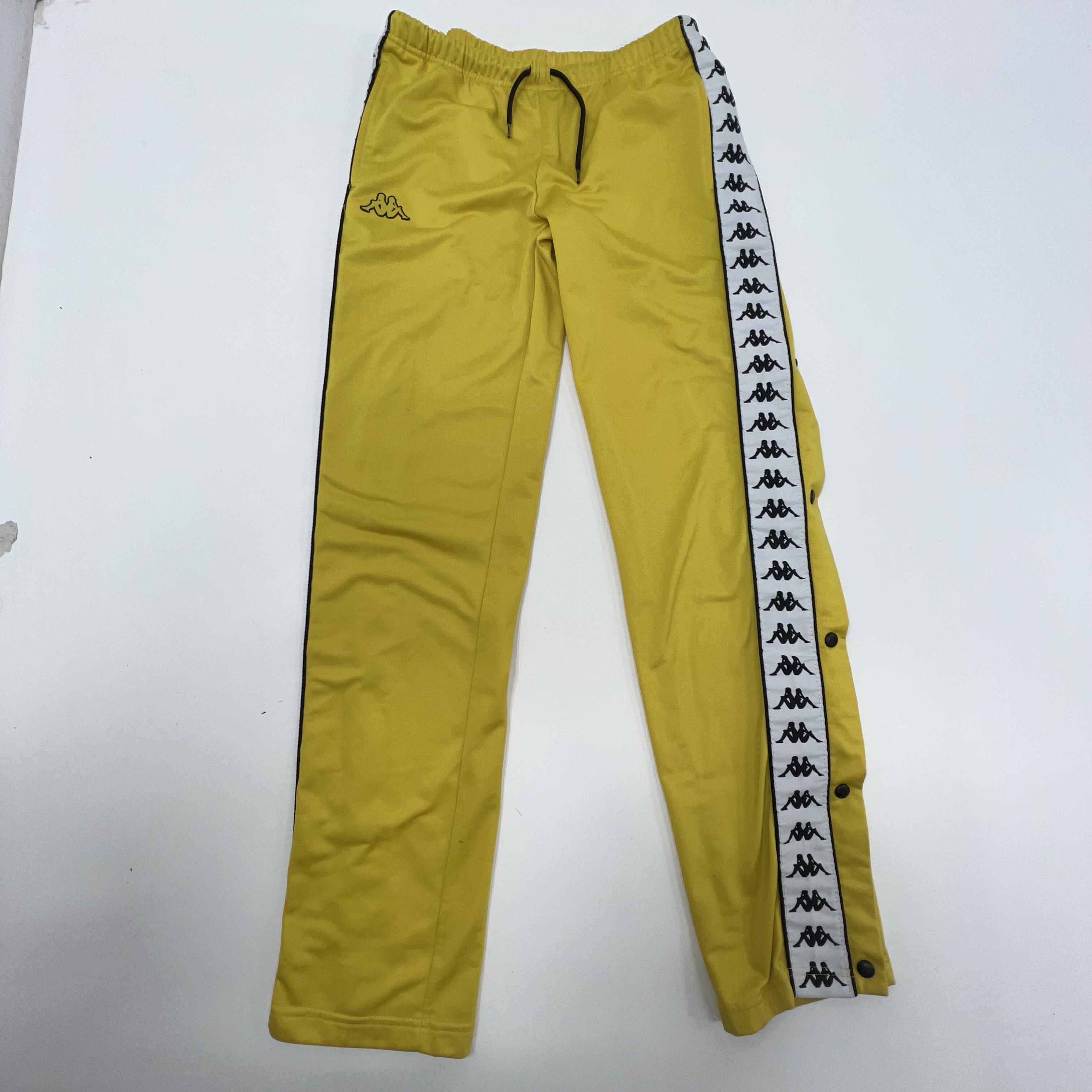 Kappa Yellow Track Pants Size Large Side Graphic Logo Buttons Drawstring Waist