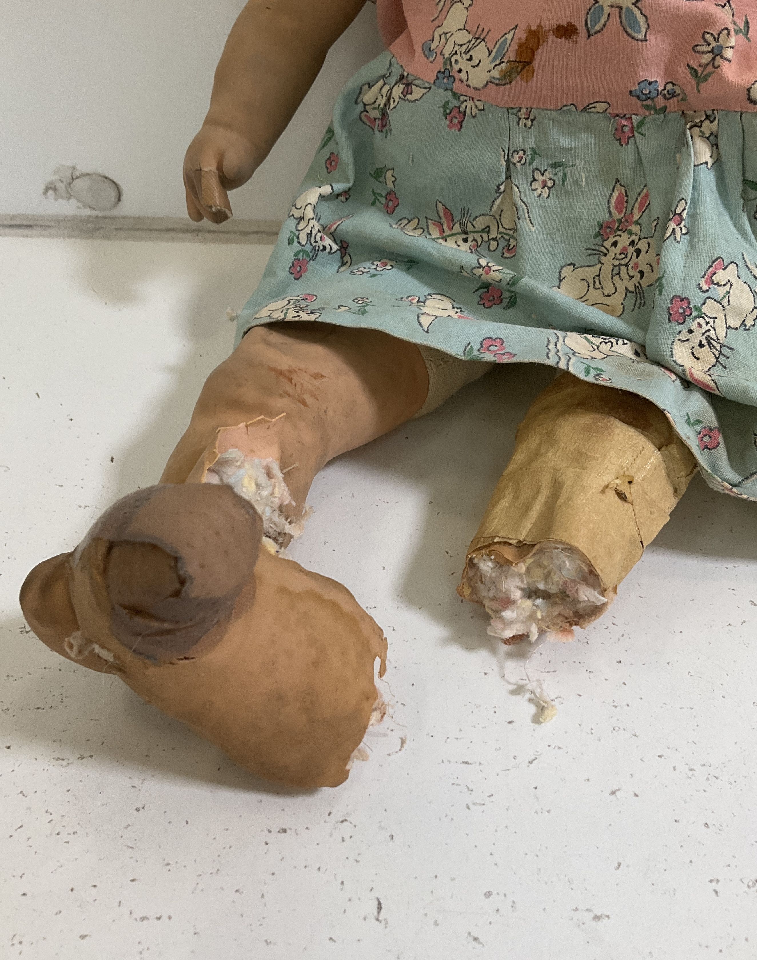 Vintage Pink Blue Dress Cloth Stuffed Baby Doll Damaged Fair Poor Condition 16"