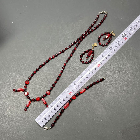 Red & Black Glass Beaded Bracelet Earrings Necklace Set
