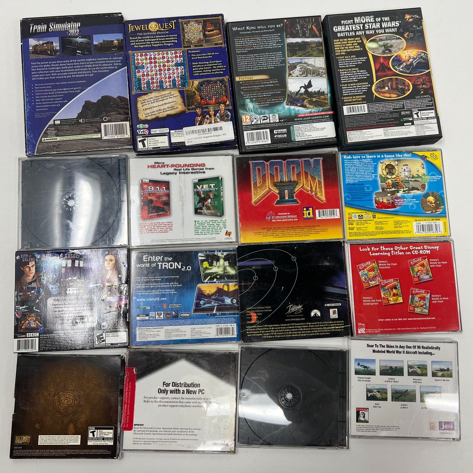 Lot of 16 PC DVD Rom Games Star Trek Train Simulator Star Wars Tron 2.0 Dr. Who