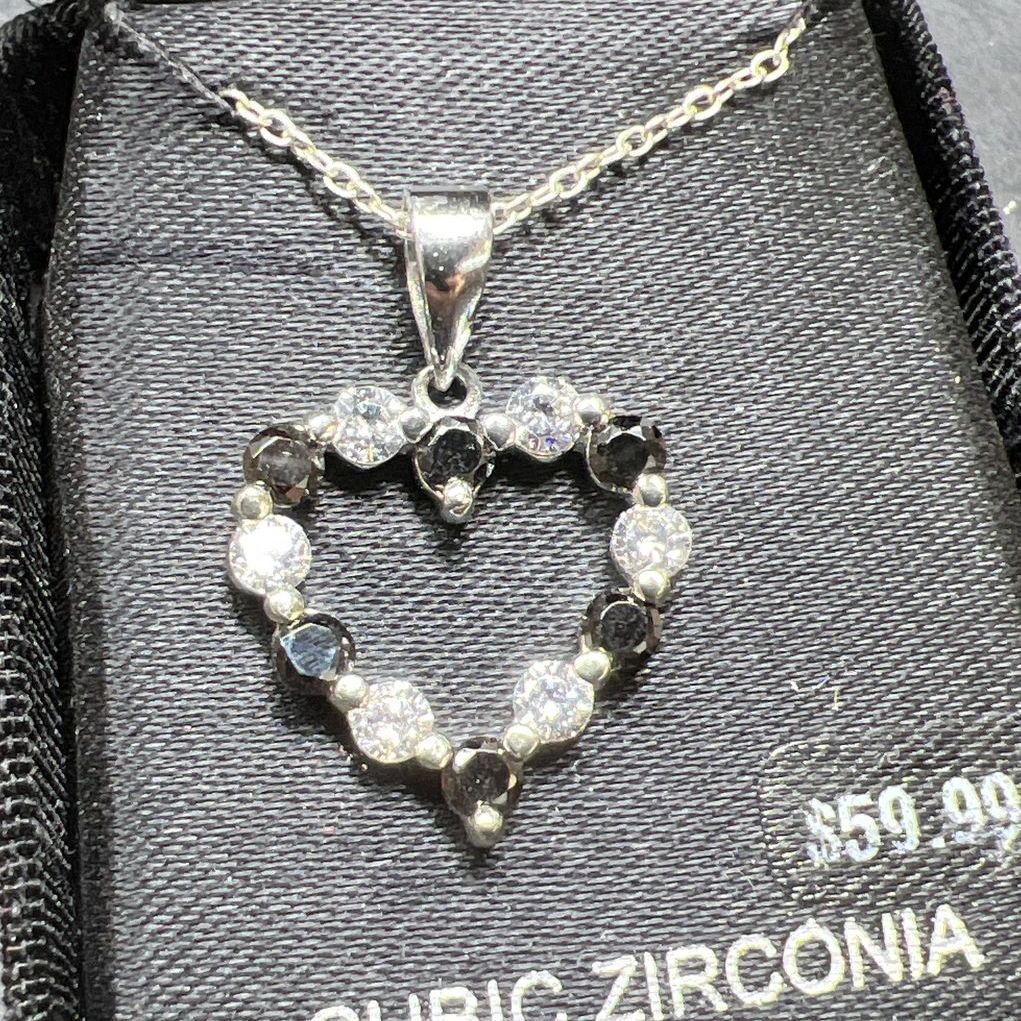 Sterling Silver Cubic Zirconia & Black Stone Heart Necklace NIB