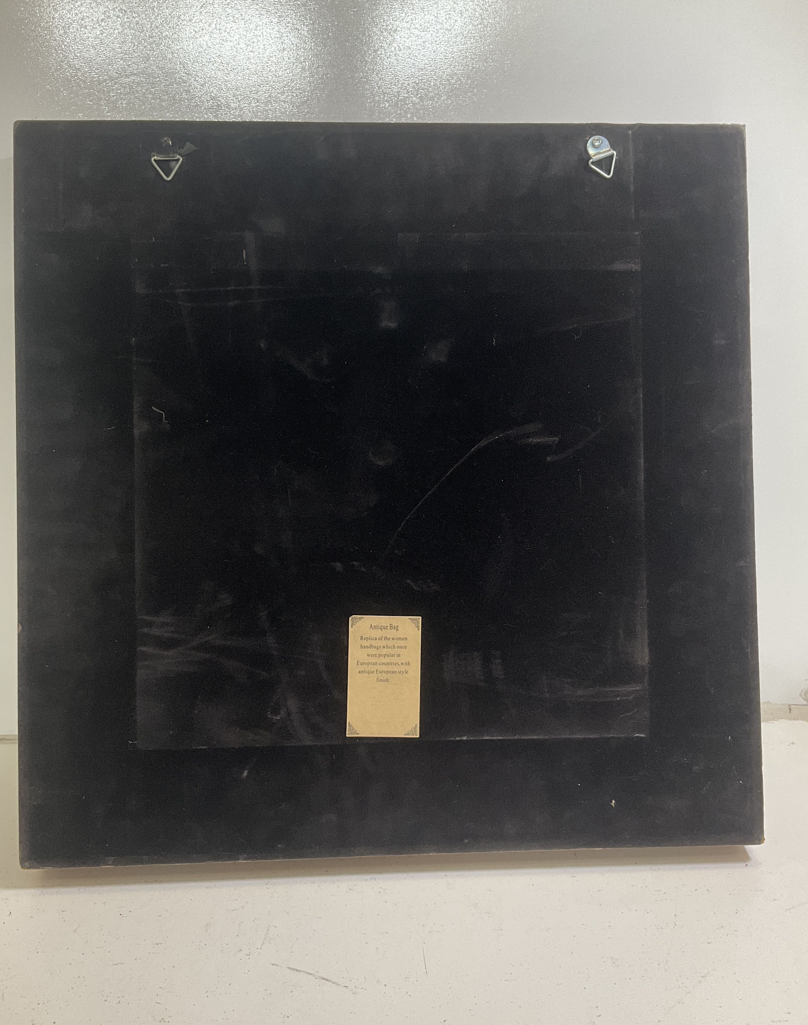 European Antique Bag Replica Black Gold Wood Glass Fabric Metal Shadow Box Art