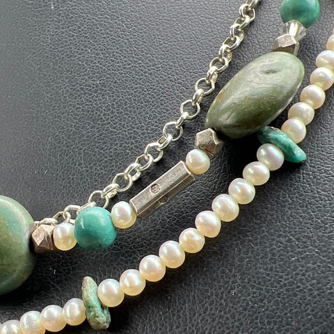 Sterling Silver Turquoise & Pearl Beaded Necklace 44.92g