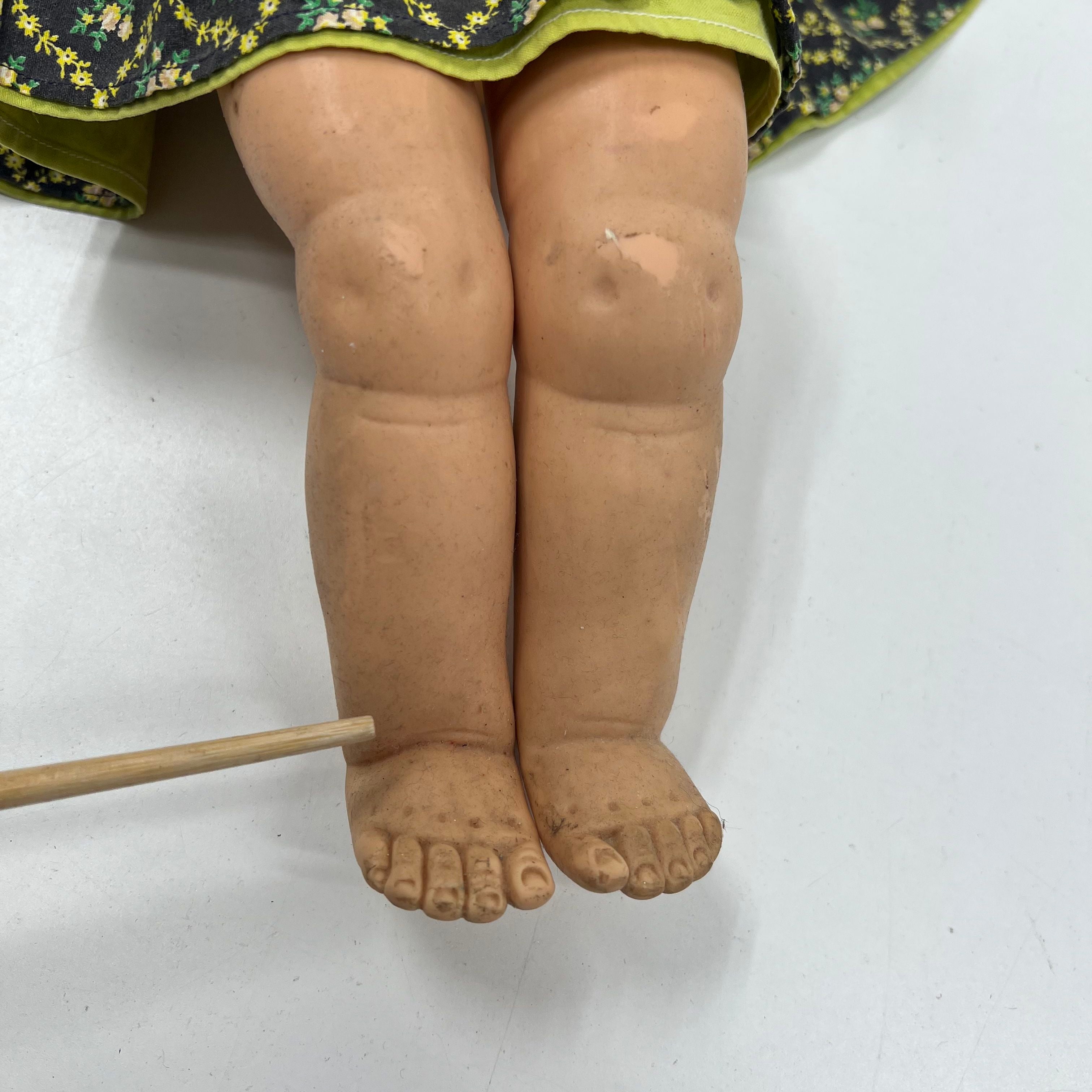 Vintage Composition Baby Doll 18" Green Floral Dress Brown Hair Sleep Eyes