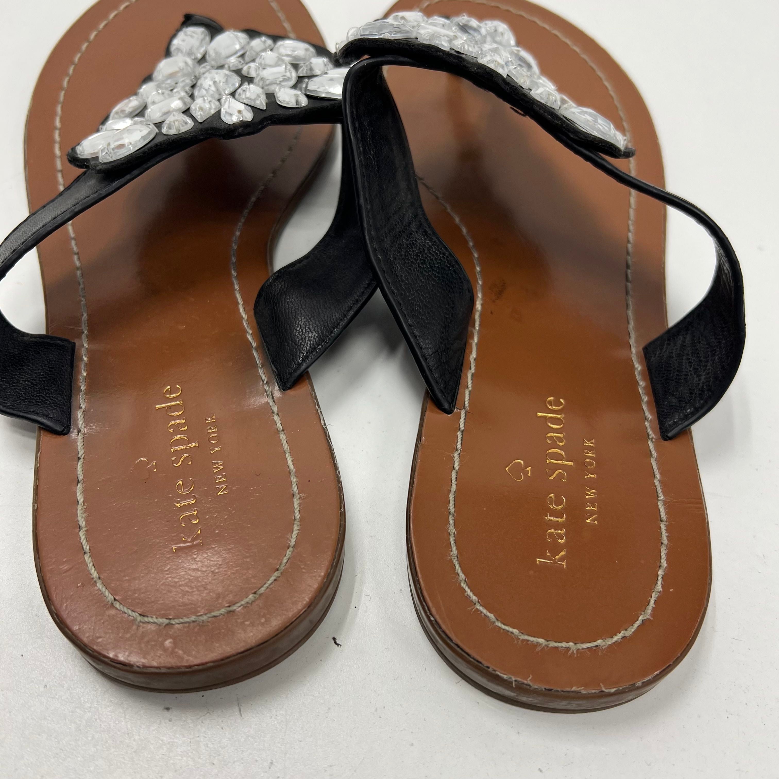 Kate Spade Black Leather Jeweled Bow Thong Sandals Womens Size 9