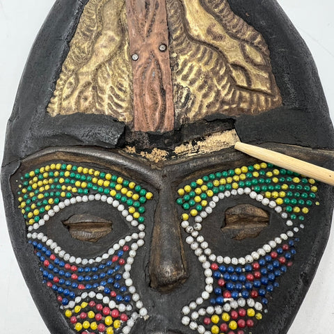 Vintage Handcrafted African Wood Bust Beaded Mask Sculpture South Africa 15"