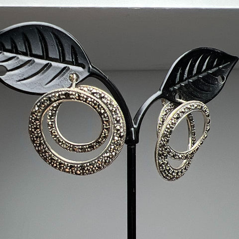 Sterling Silver Round Marcasite Dangle Earrings 8.99g