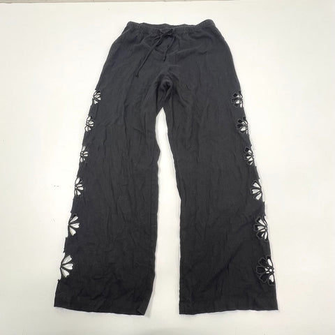 Camila Coelho Ira Black Linen Blend Floral Cutout Wide Leg Pants Women's S