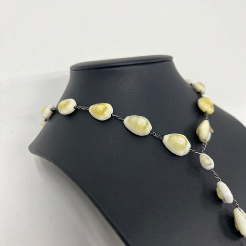 Vintage Cowrie & Conch Shell Y-Necklace Sterling Silver Chain Bohemian Style