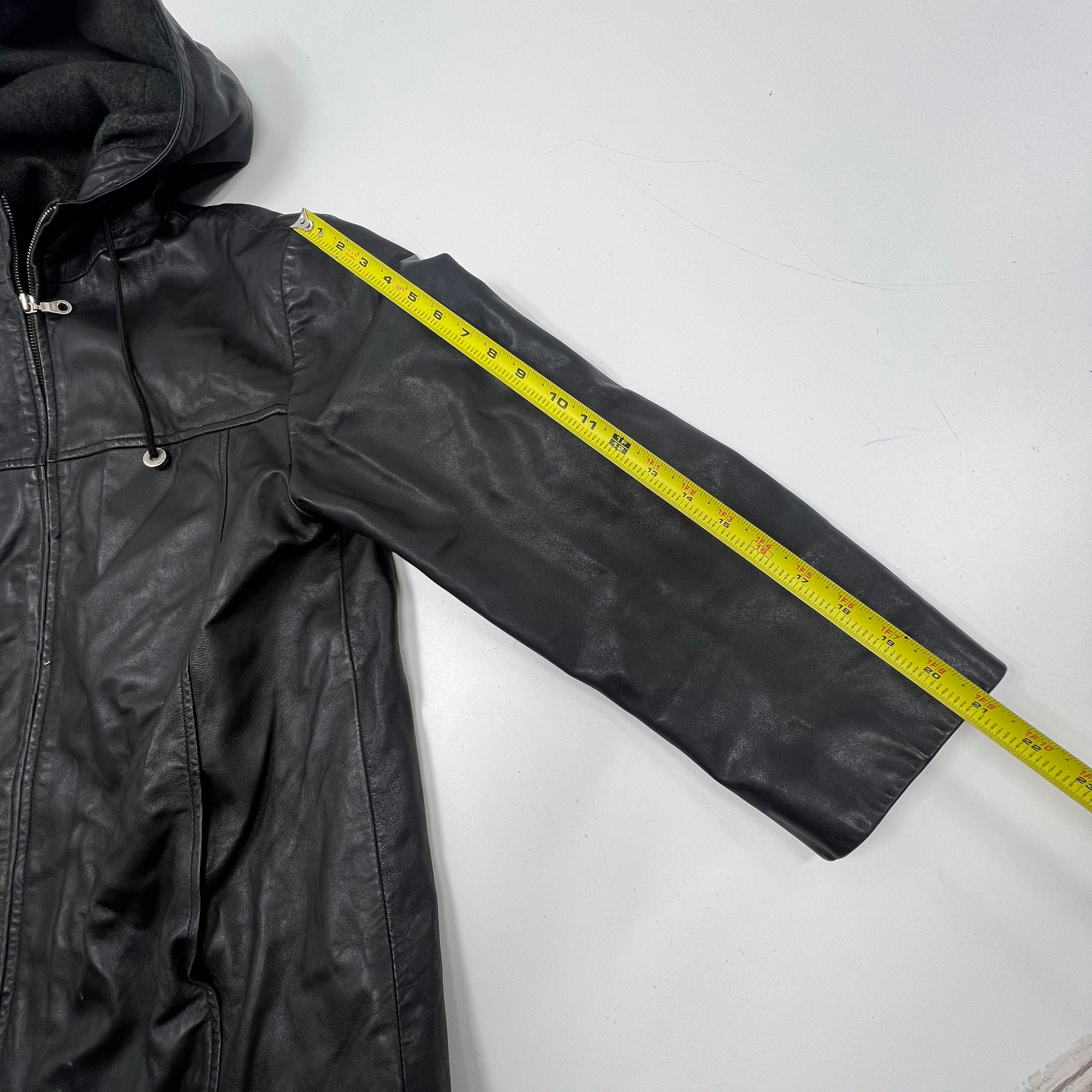 Vintage 90s Izzi Black Leather Fleece Lined Hooded Jacket Coat Men's L